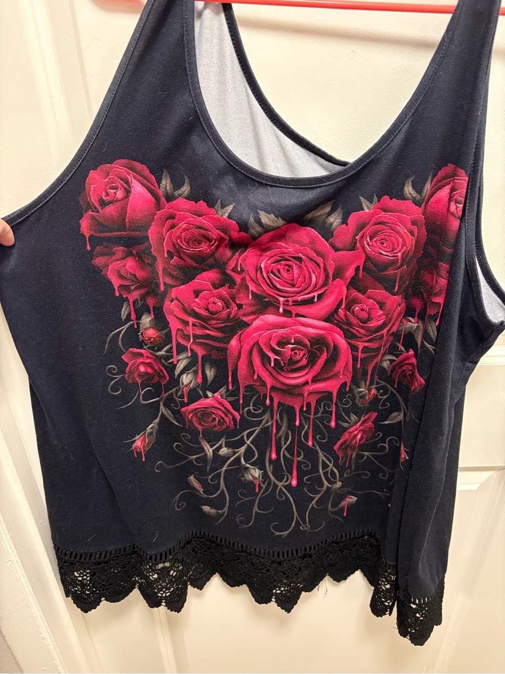 Unk Black Tank Top with Vivid Pink Dripping Rose Design